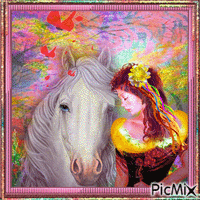 Femme et son cheval au printemps