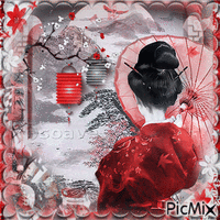 Geisha en noir,blanc et rouge