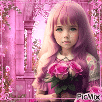 Petite fille aux fleurs en Rose κινούμενο GIF