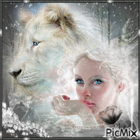 Portrait de femme et lion blanc