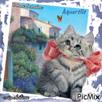 Chat et papillon _ aquarelle - Безплатен анимиран GIF