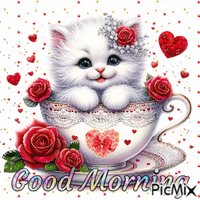 Good Morning Kitten in Tea cup - GIF animé gratuit