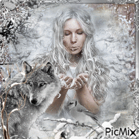 Femme et loup en hiver - Gratis geanimeerde GIF