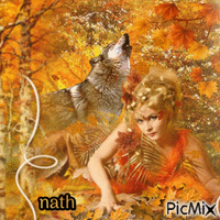 Femme et loup en automne,nath animasyonlu GIF