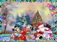 Minnie and Mickey Mouse in christmas with friend`s анимированный гифка