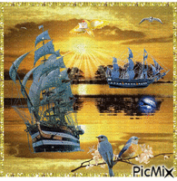 Ships in the sunset. animoitu GIF