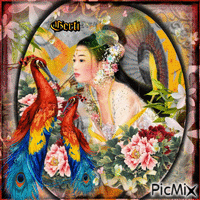 Geisha et paons - Gratis geanimeerde GIF