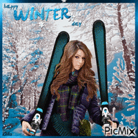 Happy Winter day. Girl on skis анимированный гифка