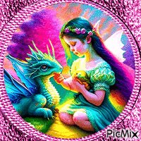 La petite fille et le dragon fantasy animovaný GIF