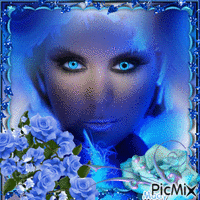 femme et roses bleues - Free animated GIF