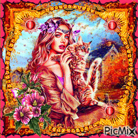 femme avec un chat κινούμενο GIF