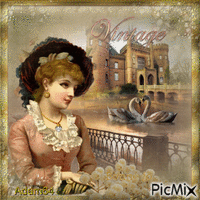 femme du 17e siècle"castle , Lady , Swan lake, vintage in brown