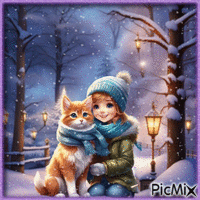 Fillette et son chaton en hiver.