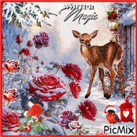 Winter Magic. Roses, birds, deer - GIF animasi gratis