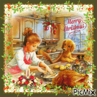 Merry Christmas Little Girl and Doggy in the kitchen - GIF animado grátis