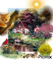 A STILL PICTURE OF POST OUTSIDE AN IMAGE, CAT HANGING FROM A TREE, A ROBIN ON FLOWERS A YELLOW BUSH WITH FLOWERS, A CAT SUNNING, AN OLD DEAD TREE, AND A BRIGHT SUN. animēts GIF