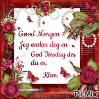 Good Morning. I wish you a Happy Thursday. Text norweian - Free animated GIF