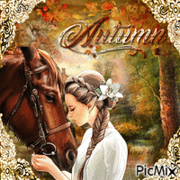 Autumn-Woman and horse GIF animé