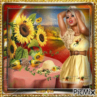 Girl with sunflowers κινούμενο GIF
