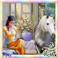 Peinture aquarelle d'une fille et un cheval