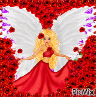 BLONDE ANGEL IN RED WITH SPARKLES, SURROUNDED BY RES ROSES. animovaný GIF