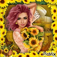 Femme dans un champ de tournesols - darmowe png