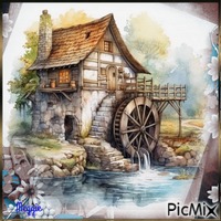 house with watermill animerad GIF