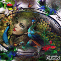woman with peacocks κινούμενο GIF