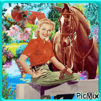 Woman and Horse in Spring анимиран GIF