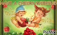 2 LITTLE FAIRIES FIGHTING OVER A BIG CHERRY WHILE THERE A PLENTY AROUND THEM, THEIR WINGS HAVE GOLD SPARKLES AND THERE ARE A FEW IN THEIR HAIR, WITH A BLACK SIDE FRAME AND THE TEXT HAVE A CHERRY WEEKEND. анимиран GIF