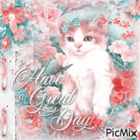 cat have a great day  flowers - GIF animado gratis