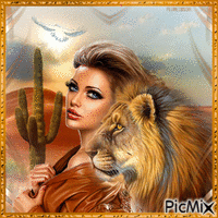 Portrait de femme et lion.