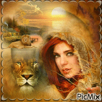 portrait de femme avec un lion