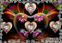 GOLD HEARTSWITH PURPLE AND DIAMONDS IN THEM, PURPLE HEARTS THROWING OUT TINY PURPLE HEARTS, INSIDE A BIG BLACK HEART WITH COLORS FLASHING ON TOP.GREEN, YELLOW, ORANGE, AND PURPLE COLORS FLASHING, ALL INSIDE A LADY SILVER FRAME. animerad GIF
