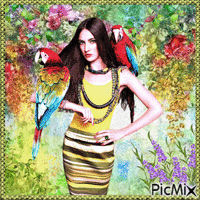 Женщина с попугаями geanimeerde GIF