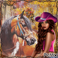 Autumn. Cowboy girl with her horse, friend
