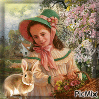 Osterkindermädchen mit einem Kaninchen - GIF animé gratuit