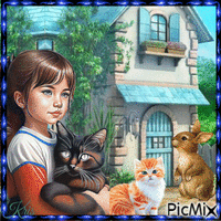 Une fille, deux chats et un lapin