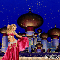 Red suited belly dancer in front of Agrabah palace animovaný GIF