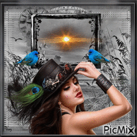 Woman with black hat and birds