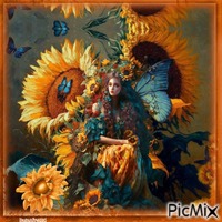 Frau mit Sonnenblumen - PNG gratuit