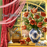 Good Afternoon Vase of Flowers in the Window - GIF animado grátis