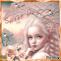 Petite fille avec des fleurs en beige - Free animated GIF