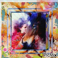 peinture aquarelle d'une fille et un cheval - Free animated GIF