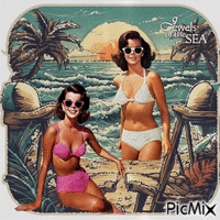 Vintage-Sommer – Freunde am Meer - Gratis animeret GIF