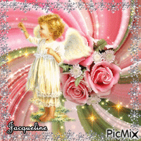 petit ange sur fond de roses scintillantes - Ingyenes animált GIF