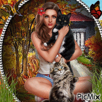 Chica y gatos - GIF animado gratis