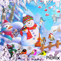 Snowman with birds Happy winter - Free animated GIF