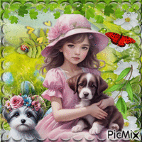 Enfant aux printemps avec les chiens animovaný GIF
