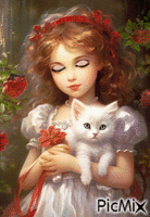 Petite fille avec un chat blanc GIF animé